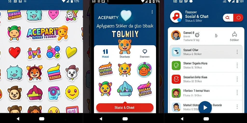 Antarmuka ACEPARTY menampilkan pilihan status dan stiker yang menarik.
